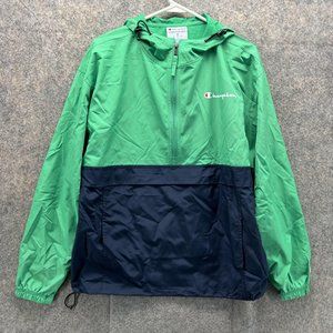 Champion Jacket Men Medium Green 1/4 Zip Hoodie Pockets Anorak Pullover